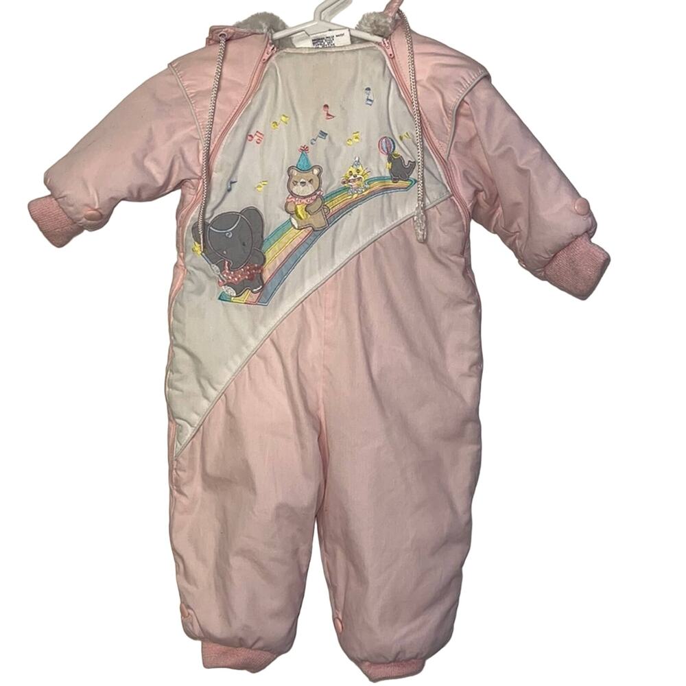 80s 90s Baby Girl Snowsuit 12 months Pink Pastel Elephant Animals